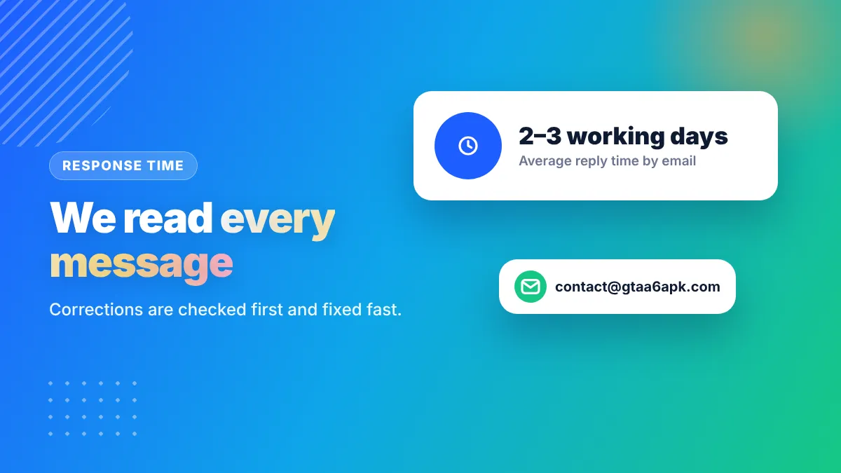 Gtaa6Apk response time – average reply in 2 to 3 working days by email