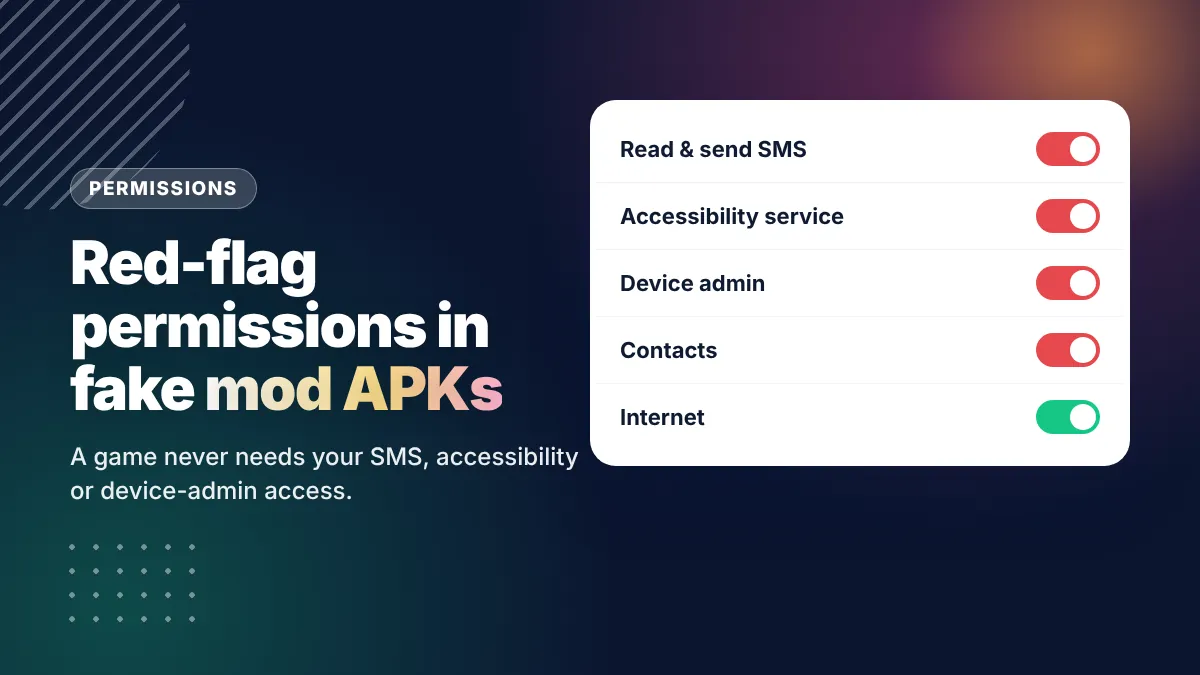 Red-flag permissions requested by a fake GTA 6 mod APK: SMS, accessibility service, device admin and contacts